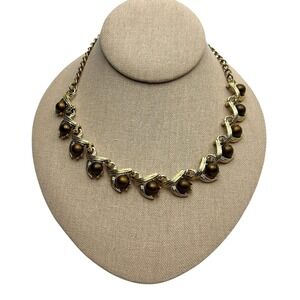 Vintage Mid Century Gold Tone Brown Cabochon Choker Necklace Thermoset